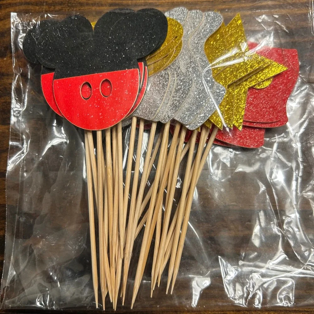 25pc Mouse‎ Theme Glitter Cupcake Toppers Birthday Party Decor Red Gold Silver
